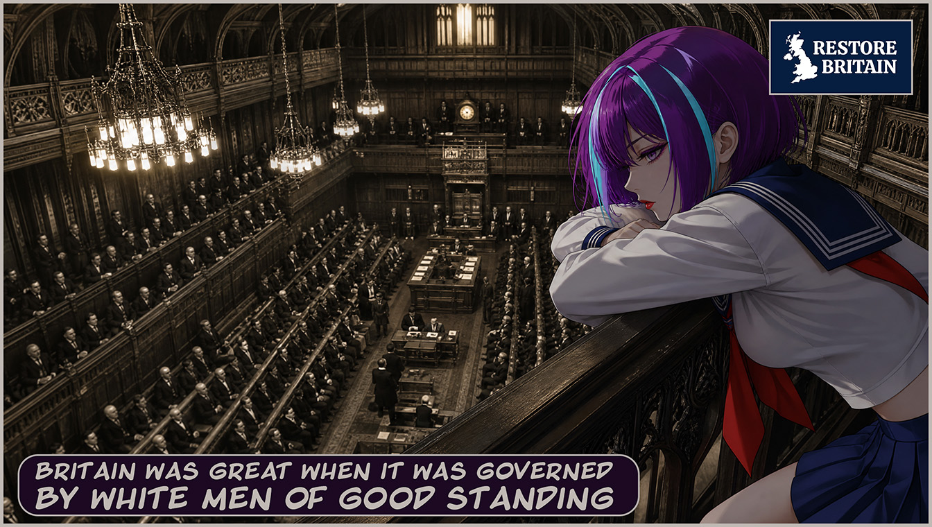 Anime girl with purple hair in sailor uniform gazing over the House of Lords chamber, RESTORE BRITAIN logo top right