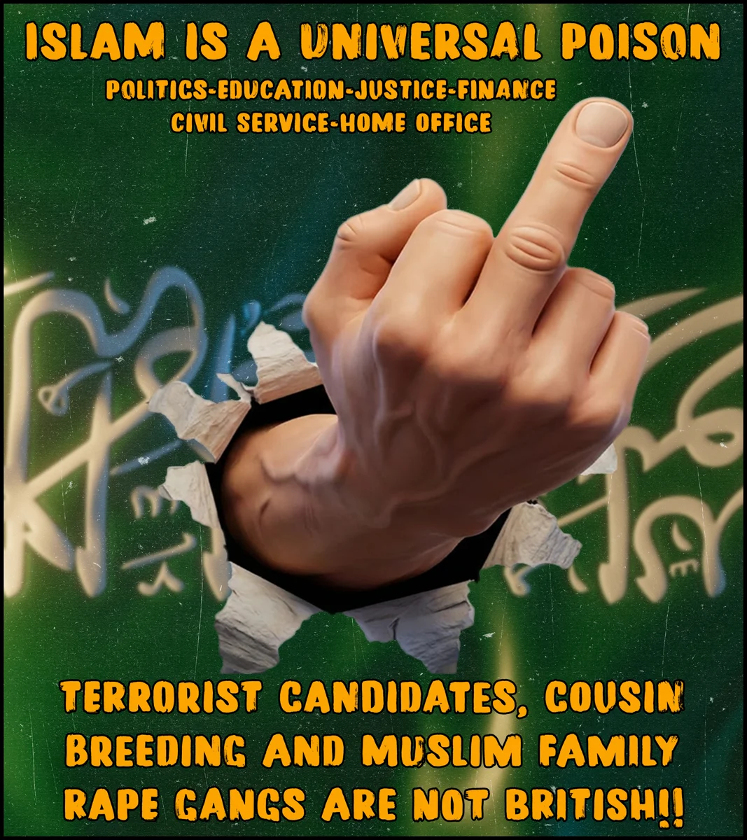 Anti-Islam propaganda poster with hand through torn wall, orange-yellow distressed text